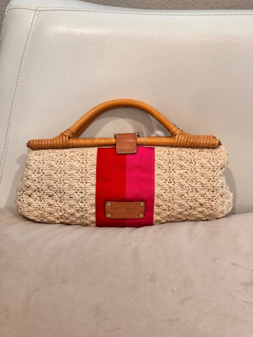 kate spade Cream Woven Clutch with Red and Pink Stripe